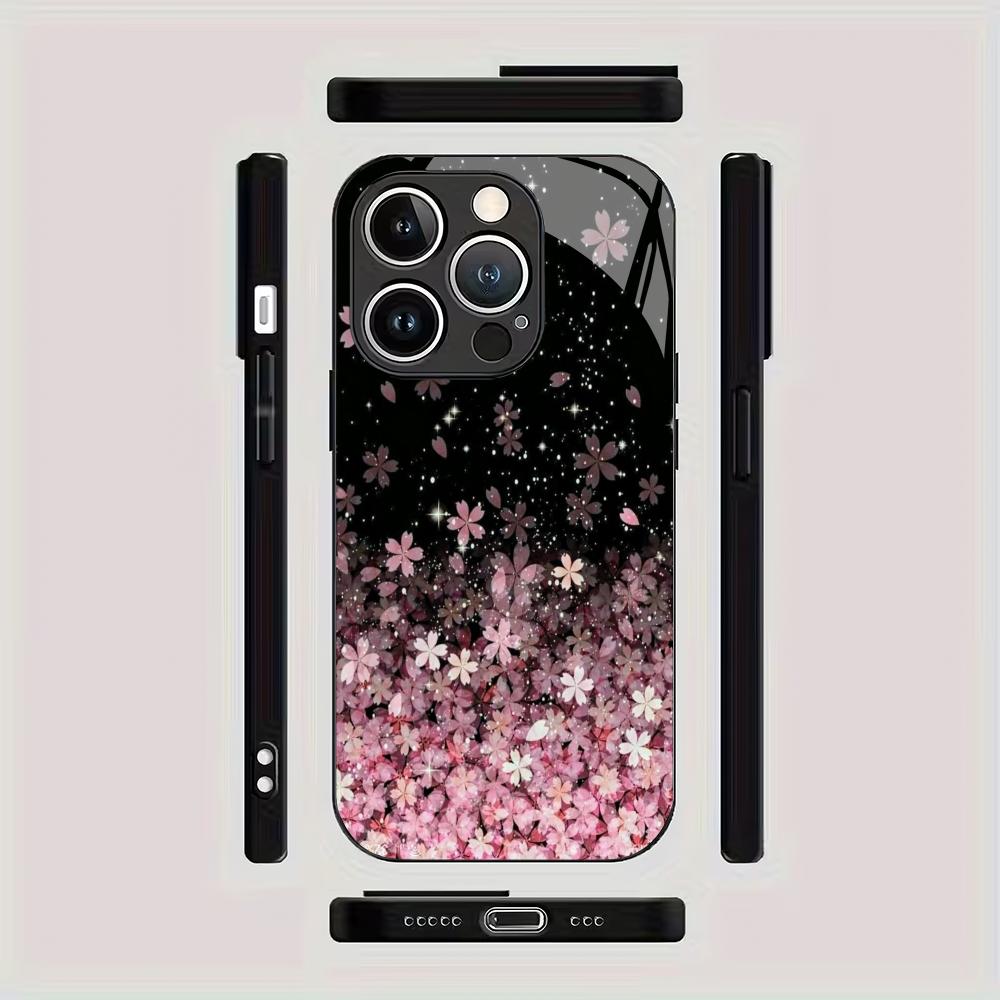 Pink Cherry Blossom Pattern Tempered Glass Phone Case Suitable for iPhone 17 16 15 14 13 12 11 Pro/Max/Plus Anti Drop Back Cover