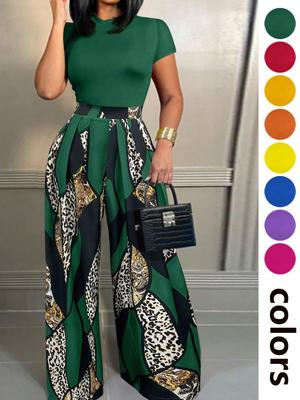 Neues Damen Mode Lässig Weitbeinige Bedruckte Hose & Sommer Kurzarm T-Shirt Set
