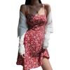 French retro girl V-neck red floral suspender skirt slim and thin waist strap short skirt vacation dress