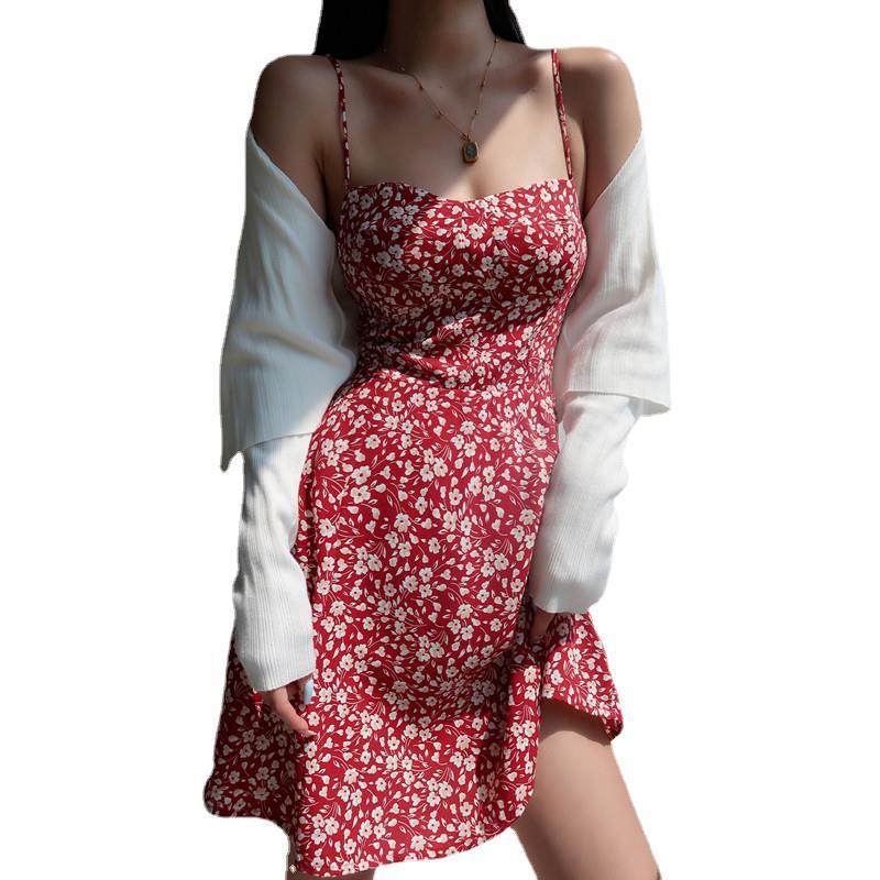 French retro girl V-neck red floral suspender skirt slim and thin waist strap short skirt vacation dress