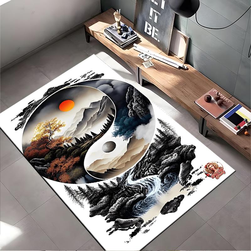 Area Rug, Yin Yang Chinese Landscape Mountains Sun Tree Waterfall Art Print, Living Room Decor, Non-Slip Mat