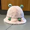 Women College Style Plush Frog Decorated Fisherman Bucket Hat Warm Adjustable Short Brim