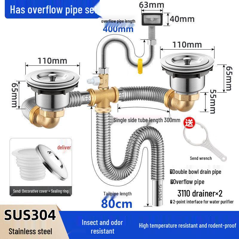 TLXT Stainless Steel Double Sink Drain Pipe Kit