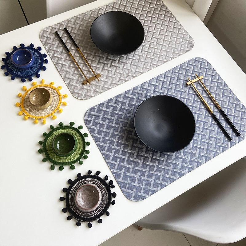 2PCS Polyester Jacquard Table Cloth Anti-Slip Placemat Home Heat Insulation Dining Tableware Cup Pads Round Table Decoration