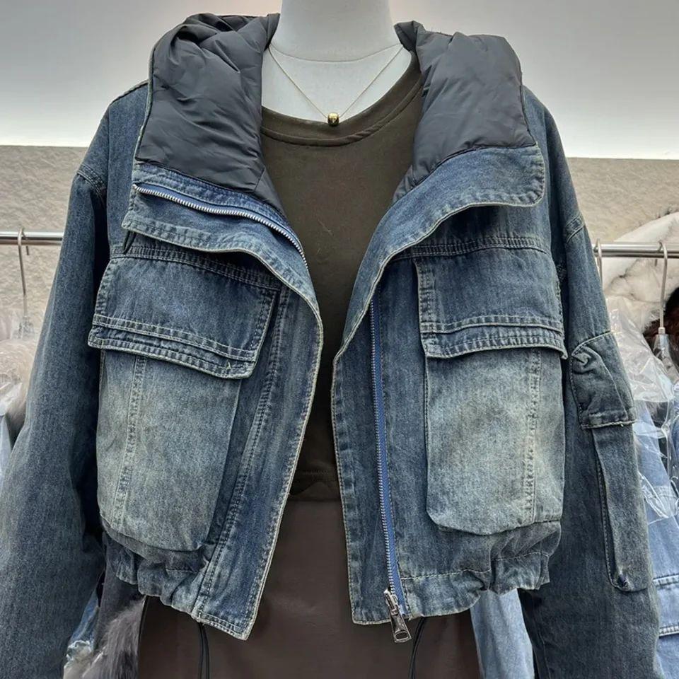 Винтажная джинсовая куртка Женское пальто Осень Зима Модный дизайн С капюшоном Двусторонняя Плотная Джинсовая короткая куртка