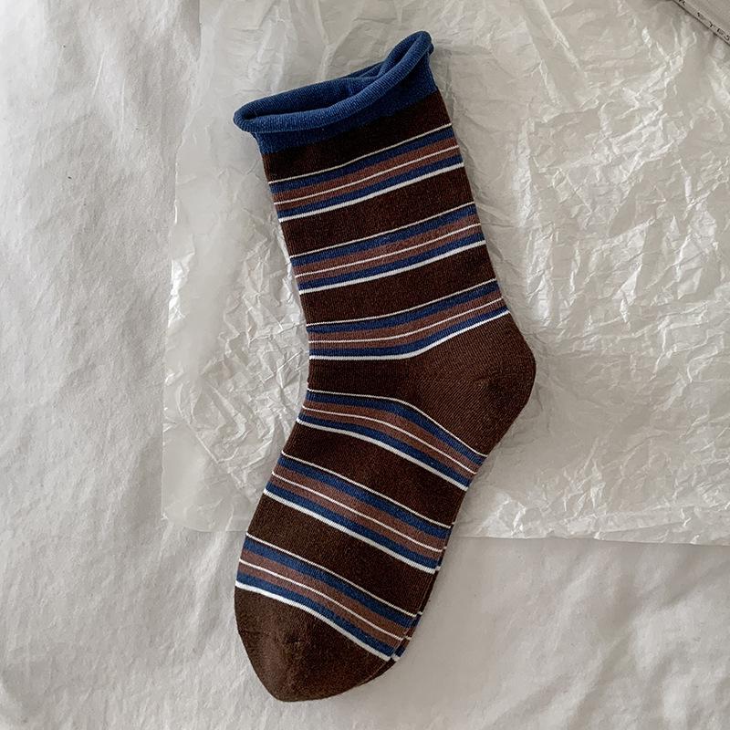 Socks Retro Hong Kong Style Striped Pure Cotton Medium Tube Socks Tide Season Boneless Crimping Color Matching Pile Socks Women