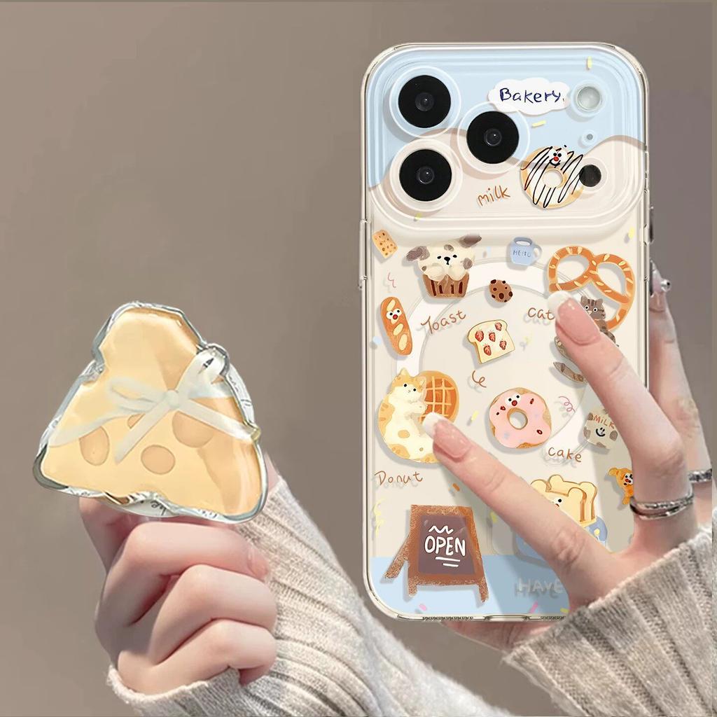 Bread kitten mobile phone case with bracket, suitable for iphone17pro magnetic attraction 16pm Apple 15 cute 14/13 set