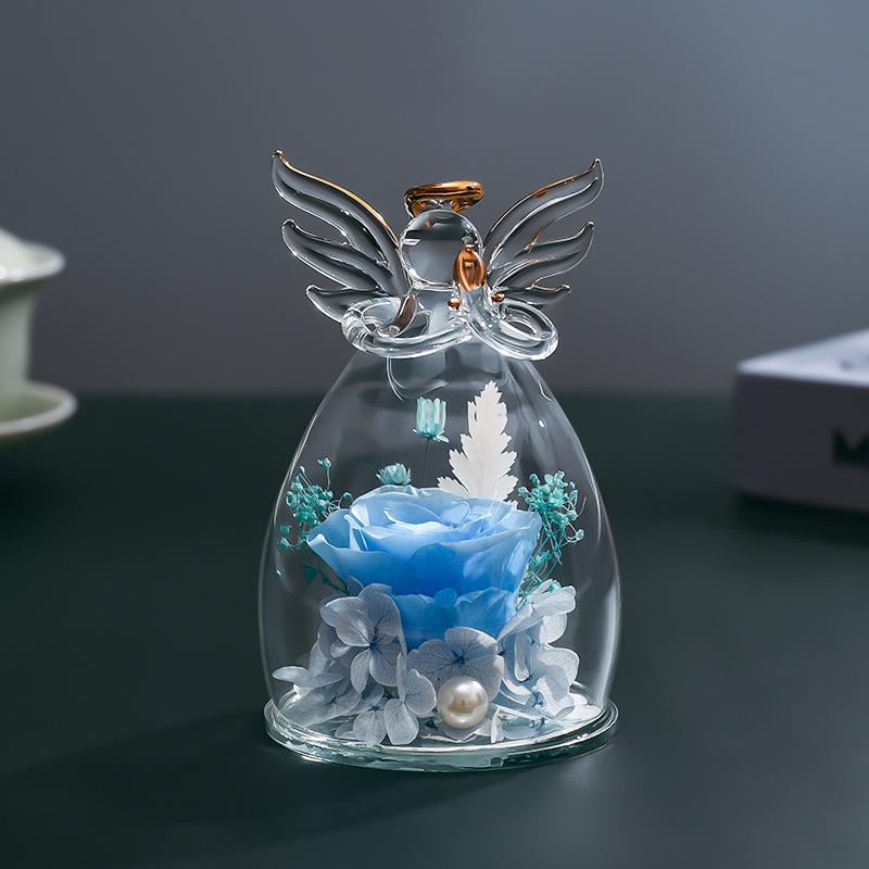 Szklana Kopuła z Aniołem i Zachowanymi Różami - Wieczne Kwiaty Zestaw Prezentowy na Walentynki, Dzień Matki, Boże Narodzenie, Święto Dziękczynienia, Ukończenie Szkoły