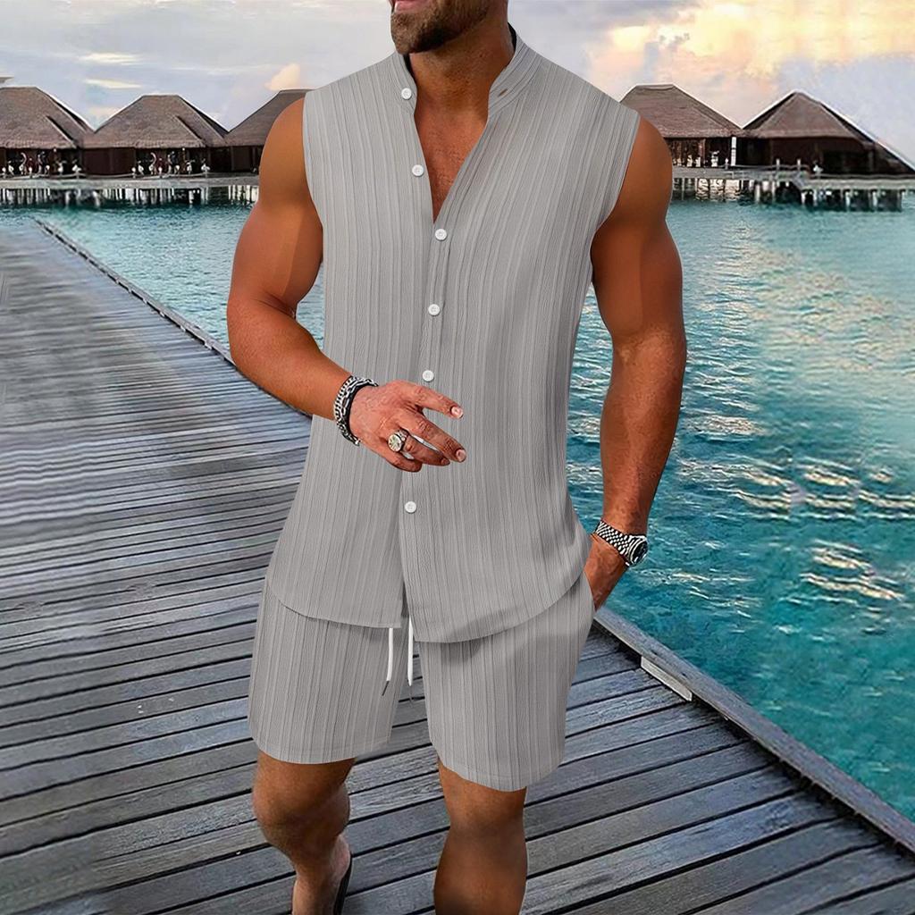 Men Sleeveless Button Down Shirt Vest and Shorts Set Lightweight Casual Summer Beachwear Two Piece Outfit for Outdoor Activities
