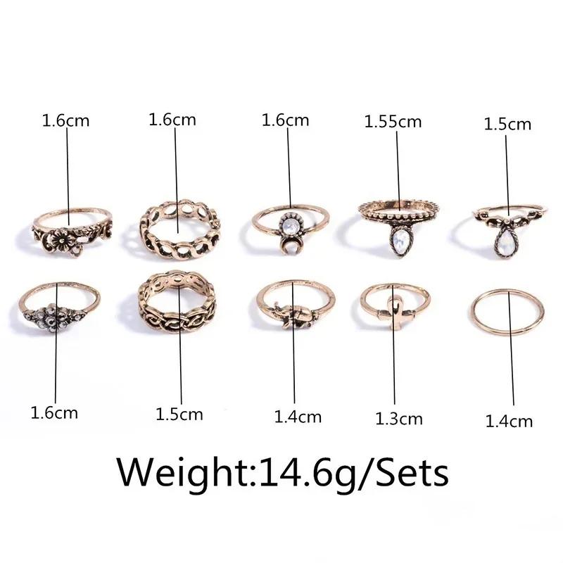 Retro Creative Fashion Gifts 10Pcs Set Gold Boho Fashion Arrow Moon Finger Knuckle Rings Jewelry Opal Ring Jewelry Accessories