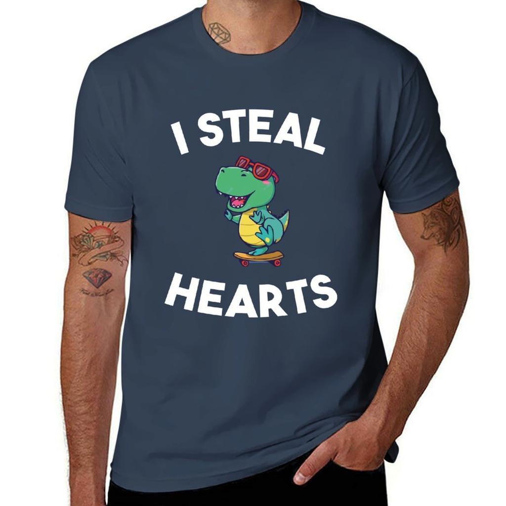 I Steal Hearts Valentines Day For Kids Dinosaur Gift Tshirt Classic Basic Casual Tshirt