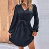 Women Spring Solid Color V Neck Long Sleeve Lace Up All Match Chic Dresses