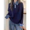 Womens Relaxed Fit Knit Sweater With Denim Sleeve Panel Polo Collar Fake Two-Piece Design Soft Cashmere Blend Fall Winter 2026