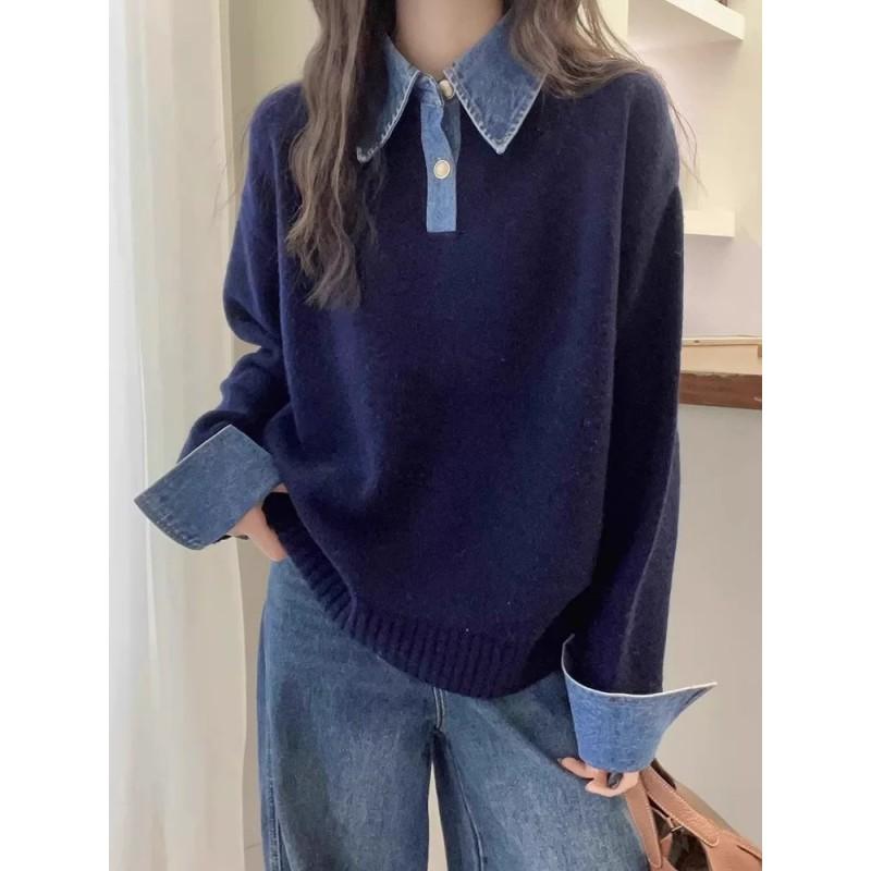 Womens Relaxed Fit Knit Sweater With Denim Sleeve Panel Polo Collar Fake Two-Piece Design Soft Cashmere Blend Fall Winter 2026