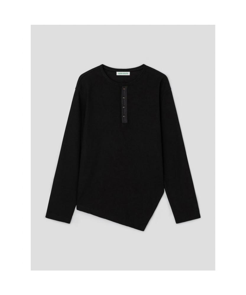 Saendeusaundeu (Unisex) Twisted Waffle Henley Neck Long Sleeve T-Shirt Black