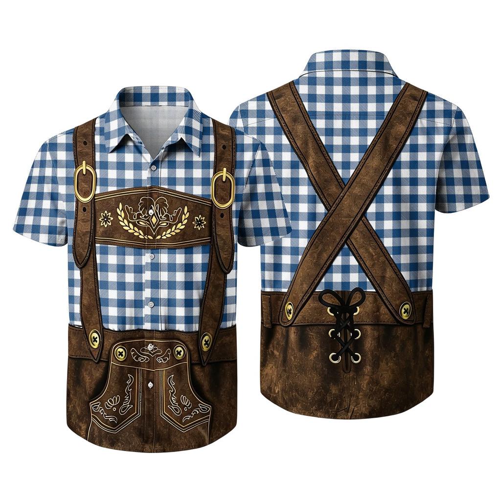 Men’s Short Sleeve Button Down Shirt with Vintage Festival Inspired Print Relaxed Fit Casual Party and Everyday Top
