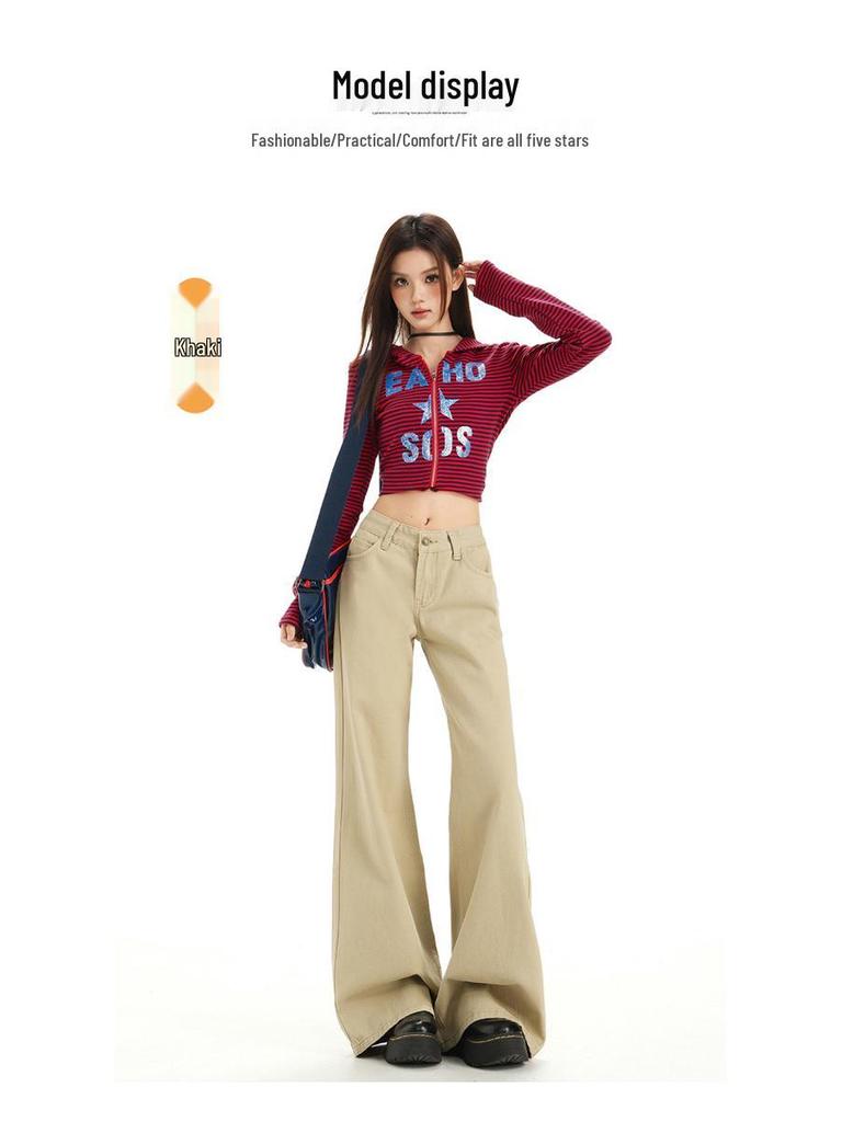 Damen Khaki Micro-Flared Jeans: Locker, Figurbetont, Gerades Bein, High Street Style für den Herbst