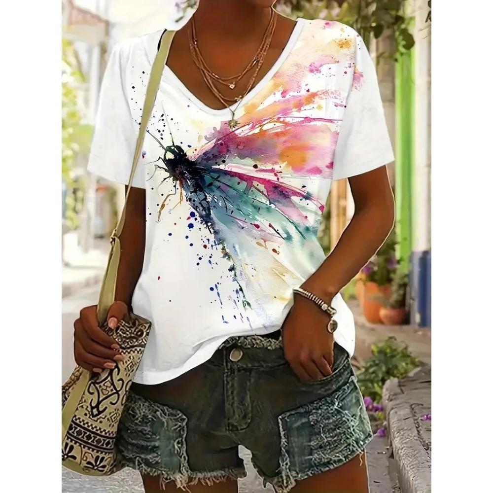 Summer Women's T-shirt Cat Pattern Printing V-neck Short-sleeved Loose Oversized Clothes