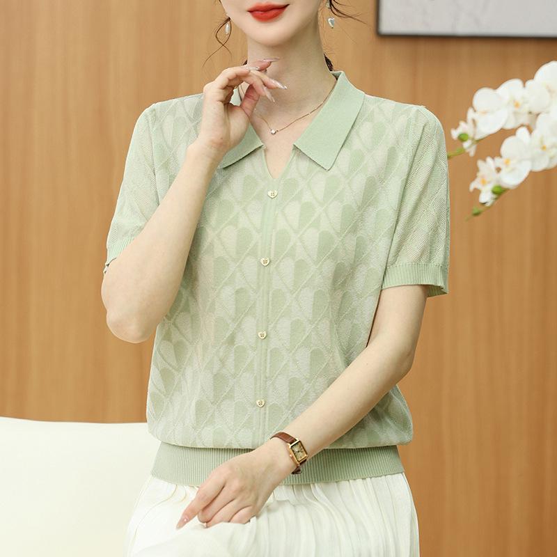 2025 Summer Ice Silk Cool Knit Short Sleeve Top for Middle-Aged & Elderly Women