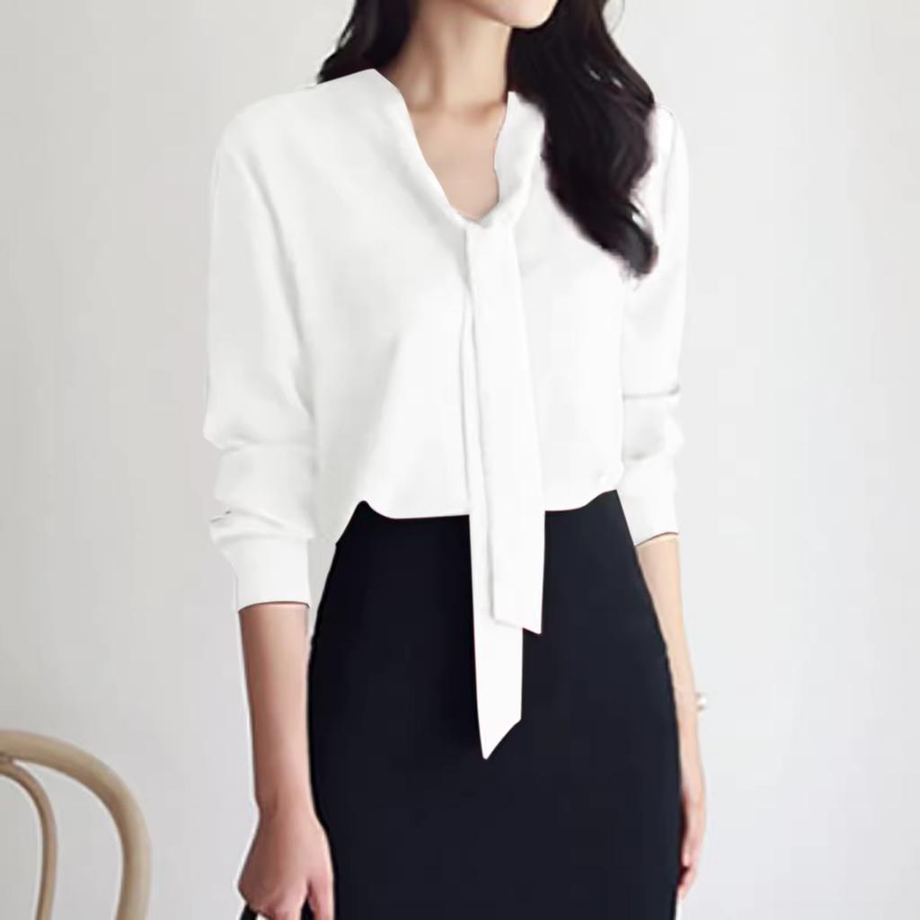 Women's Solid Color Long Sleeve Elegant Business Shirt Bow Ribbon Slimming for Work