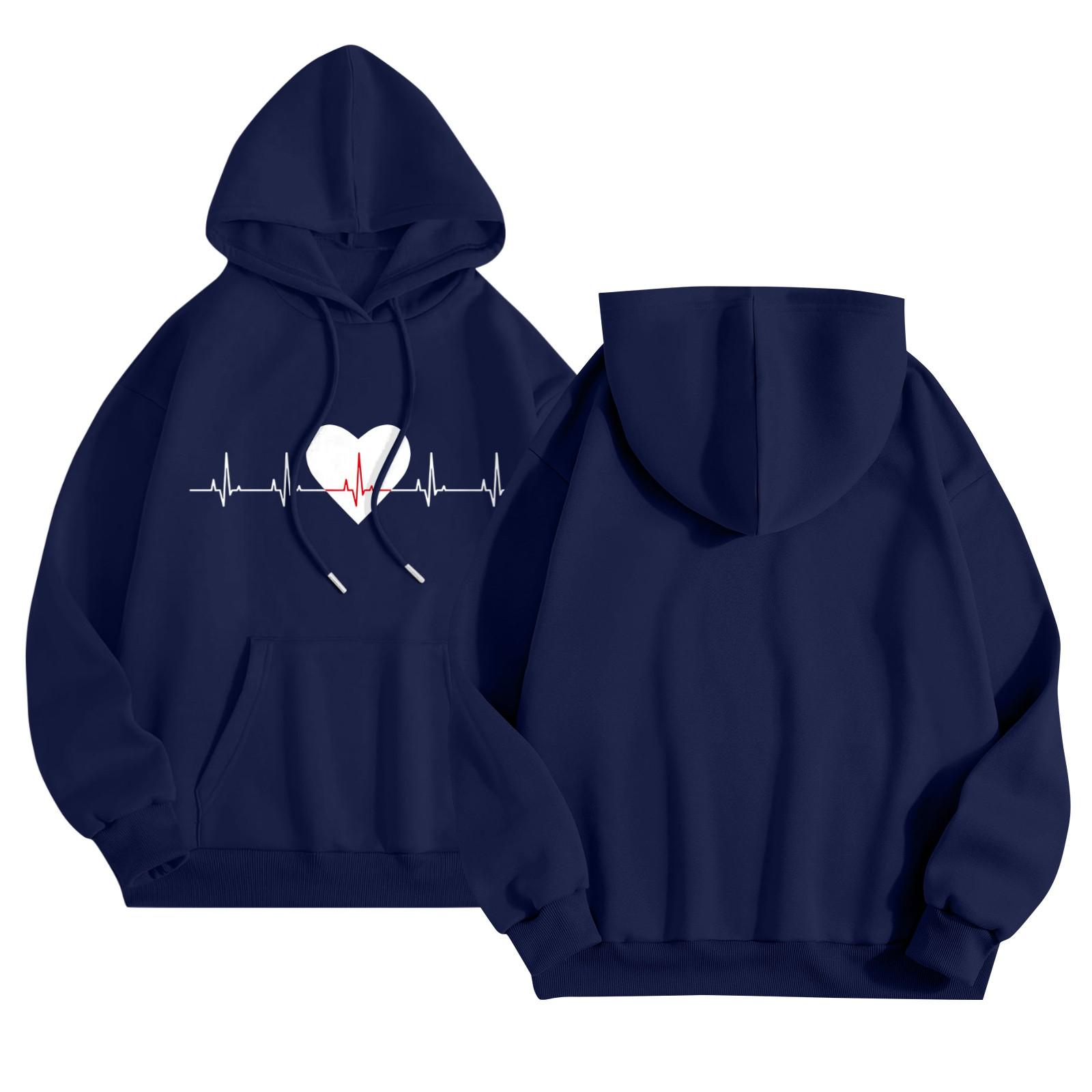 

Женский повседневный комфортный плюшевый свитер с длинным рукавом и свободным воротом с капюшоном и принтом Heart Beat XXXL темно-синий