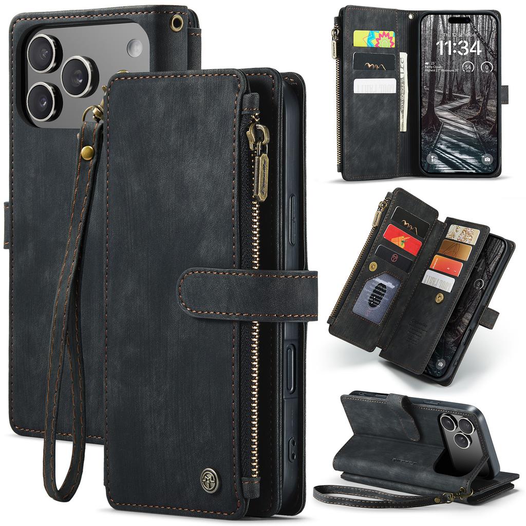Zipper Wallet Leather Cards Solt Phone Case for IPhone 18 Pro Max 17 16 Plus 15 14 13 12 Kickstand Slim Long Lanyard Book Cover
