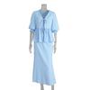 Completi estivi da donna a 2 pezzi con gonna, Top con maniche corte a sbuffo e allacciatura frontale, Gonna lunga a vita alta, Abiti casual per spiaggia e vacanze