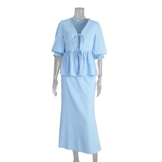 Completi estivi da donna a 2 pezzi con gonna, Top con maniche corte a sbuffo e allacciatura frontale, Gonna lunga a vita alta, Abiti casual per spiaggia e vacanze
