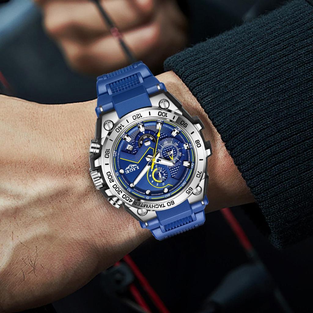 LIGE Men's Watch Multifunction Sub-Dial Silicone Strap Men's Quartz Watches