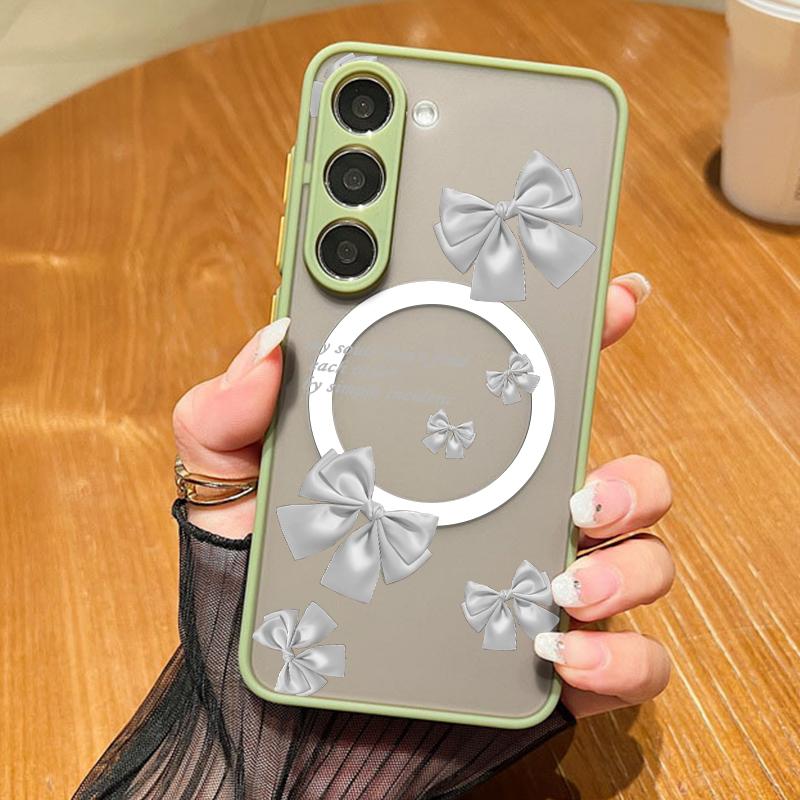 Bowknot Pattern Clear Magnetic Case For Samsung S25 S24 FE S23 Ultra S22 A56 A36 A15 A55 A35 Wireless Charge Shockproof Slim Matte Hone Cover