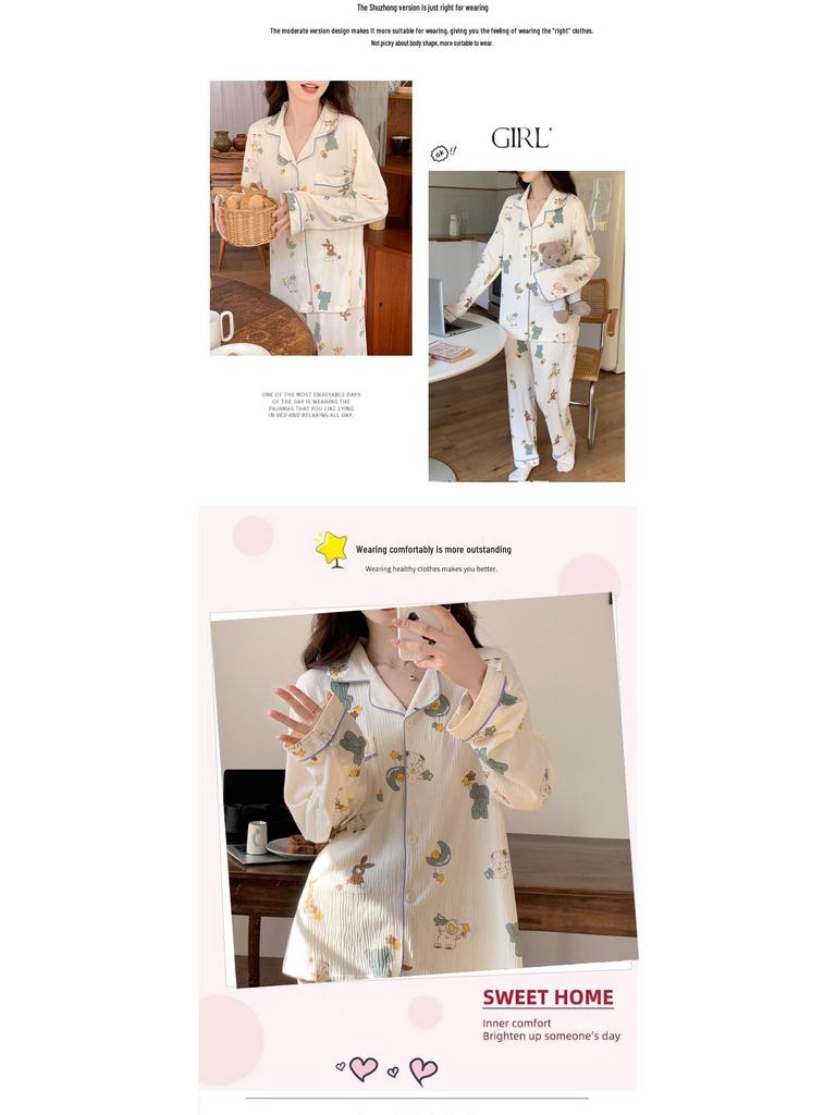 Women's 2024 Spring Polka Dot Pajama Set - Long Sleeve Cardigan and Pants In Casual Wrinkled Fabric