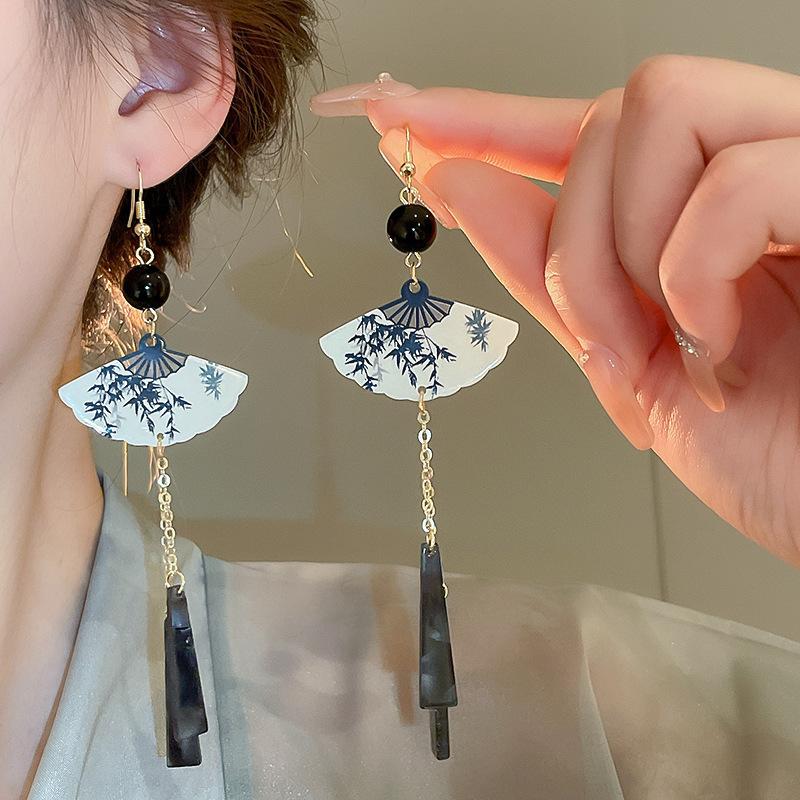 Ancient style super fairy bamboo flower pearl fringed stud earrings ear hook explosion Chinese style versatile earrings earrings
