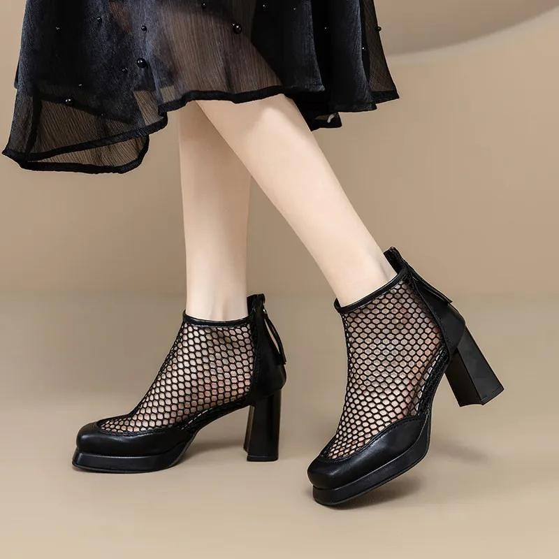 High Heel Cool Boots Summer New Style Round Head Mesh Breathable Rear Zipper Waterproof Table Non-slip Ankle Boots