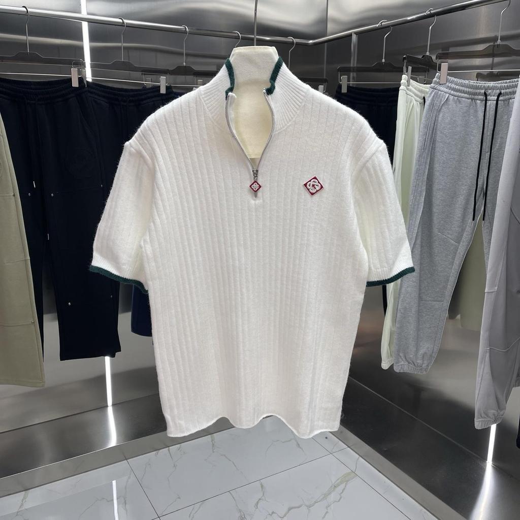 Summer Unisex Color Block Striped Knit Wool Polo Shirt - Short Sleeve