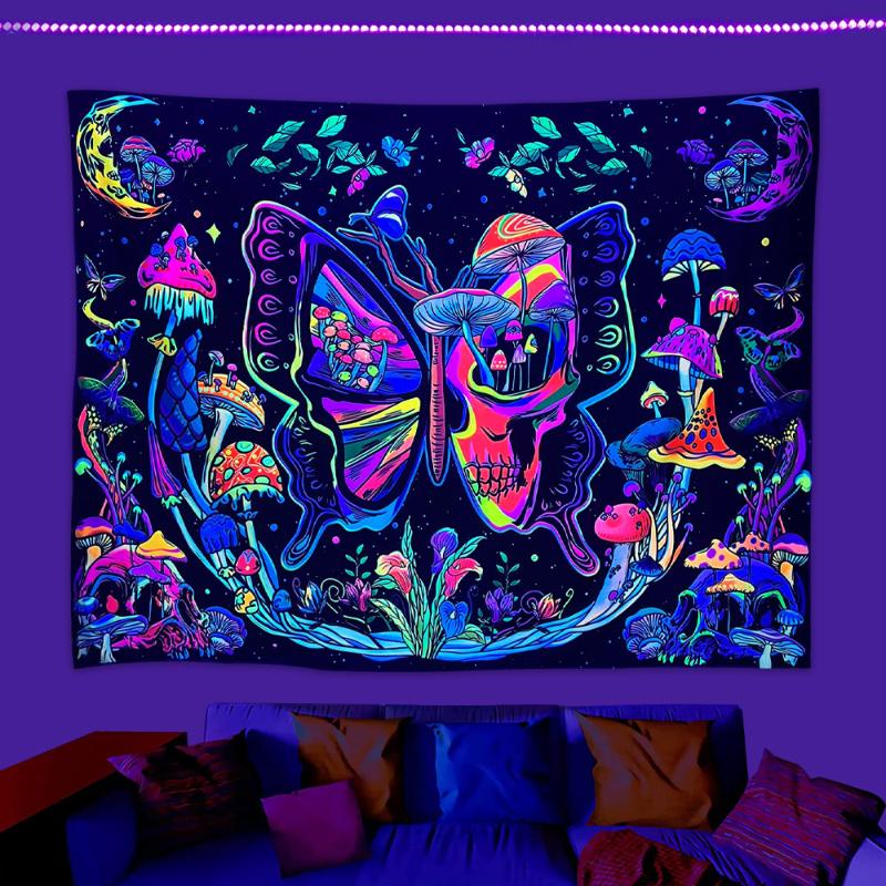 1pc Butterfly skull fluorescent tapestry, UV black light plant mushroom flower moon tapestry, home room decoration wall hanging