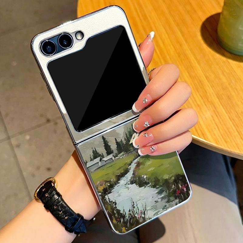 Mountain Valley Camping Art Case For Samsung Galaxy Z Flip 8 7 FE 6 5 4 Z Flip8 Flip7 Flip6 Flip5 Luxury Plating Leather Skin Phone Cover