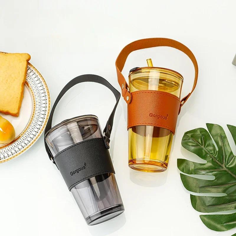 Strohhalm Wasserbecher Glas Einfacher Lässiger Kaffeebecher mit Deckel und Farbiger Bambusbecher Tragbares Gerades Trinkhalmglas