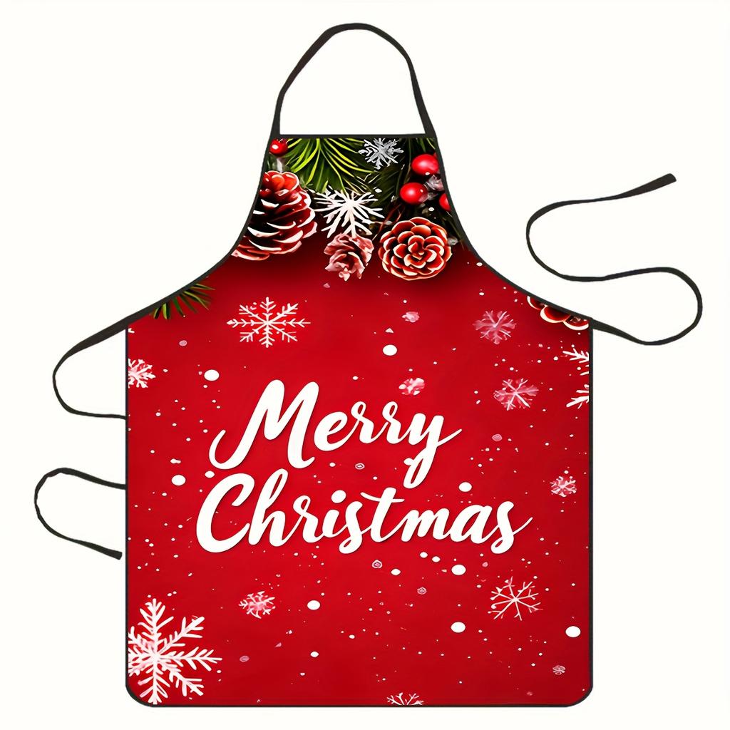 Christmas Apron Festive Red Kitchen Apron with Merry Christmas Script, Snowflakes, Cooking Apron for Holiday Baking