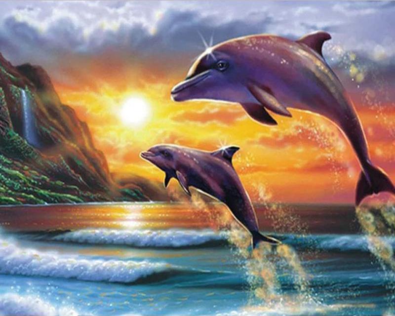 5D DIY Diamond Painting Dolphins Landscape Diamond Embroidery Cross Stitch Sea Animal Pictures Of Rhinestones Mosaic Home Decor