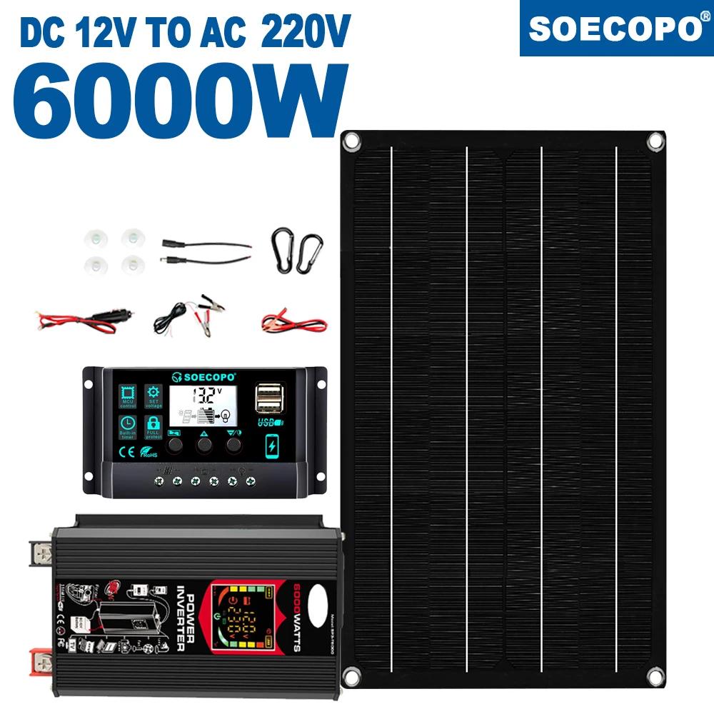 SOECOPO 6000W Solar Power Station 800W Panel 100A Controller 12V To 110V 220V AC with Alligator Clips for Camping Home CE FCC
