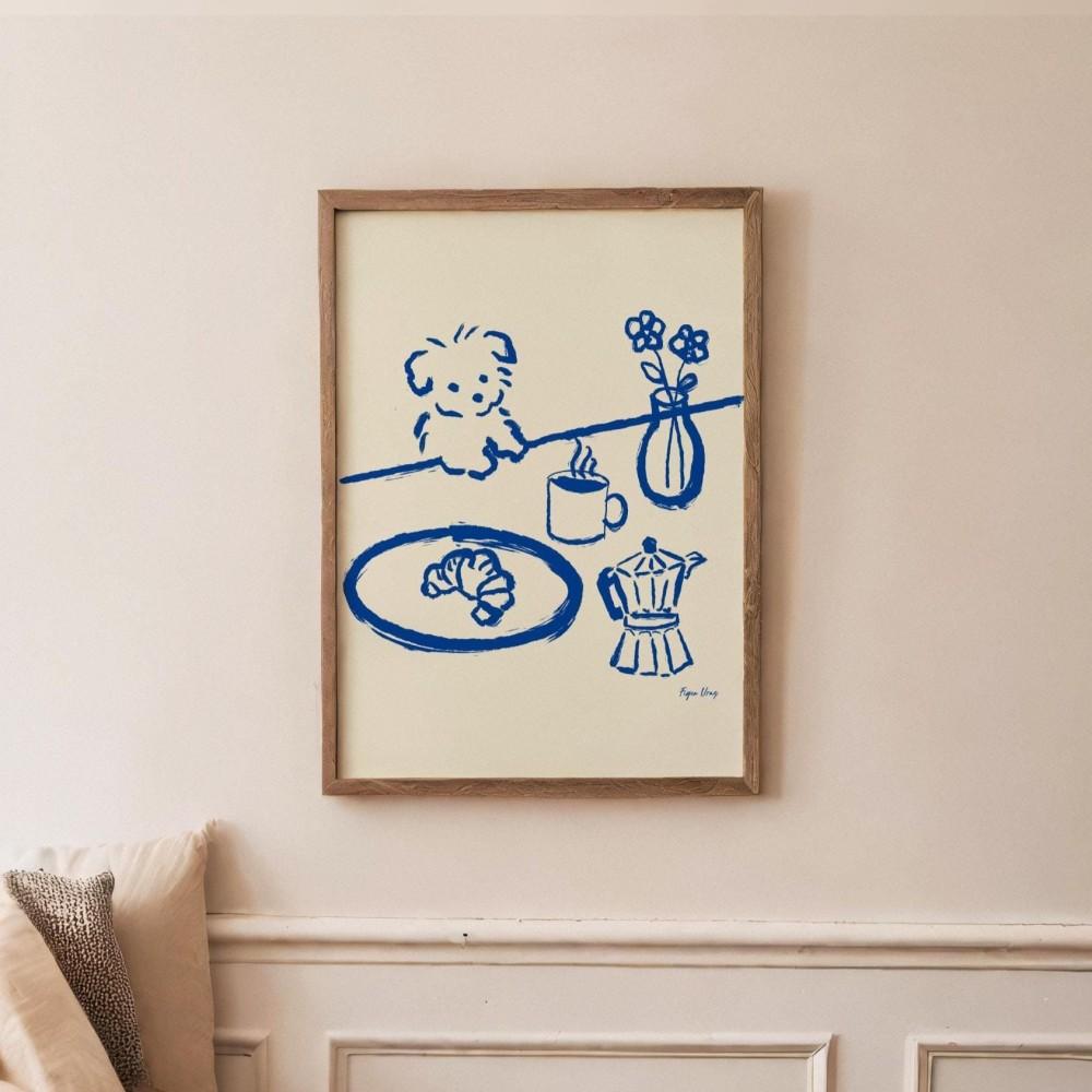 Abstract Coffee Wall Art, Sneaky Dog Kitchen Art, Scandi Breakfast Poster, Whimsical Animal Sketch, Wall Art, Dining Room Print 21X30CMNo Framed