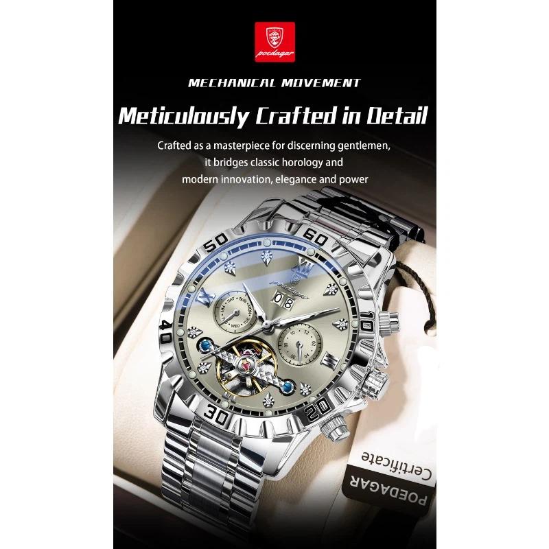 POEDAGAR Top Luxury Men Watch Automatic Date Week Man Wristwatch Hollow Tourbillon Mechanical Stainless Steel Watches