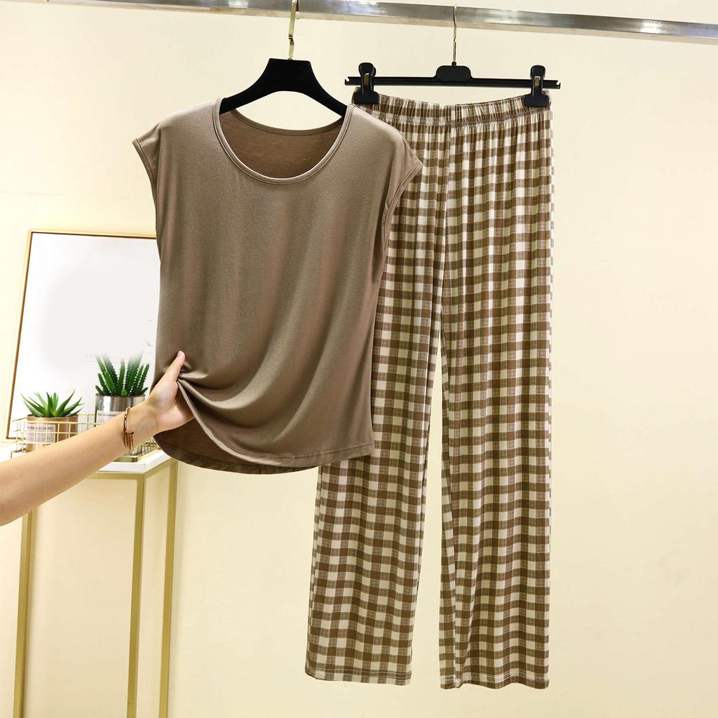 Ladies' Casual And Comfortable Round Neck Solid Color Top With Checkered Printed Pants Plus Size Set