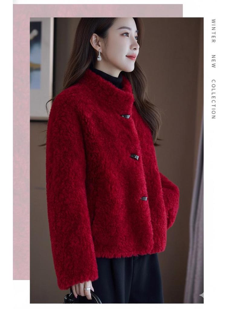 2025 Plus Size Korean Style Red Coat: Autumn/Winter Fashion - Loose Fit for Women