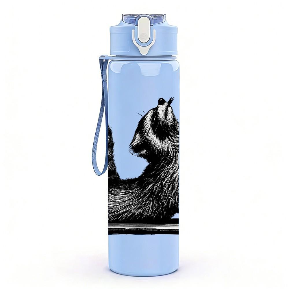 1PC Striped Fluffy Raccoon 750ml Color Plastic Sports Water Bottle Leakproof Flip Straw Lid Suitable for Sports Office Home Use
