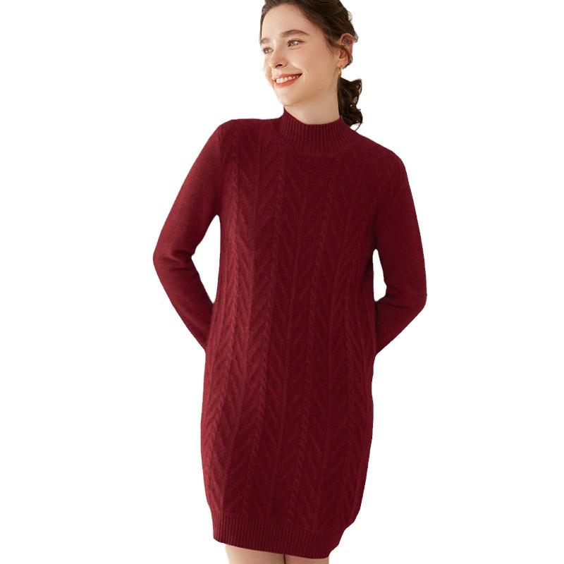 2024 Autumn/Winter Plus Size Cashmere Cable Knit Dress – Women's Mid-Length European/American Style with Half-High Neck