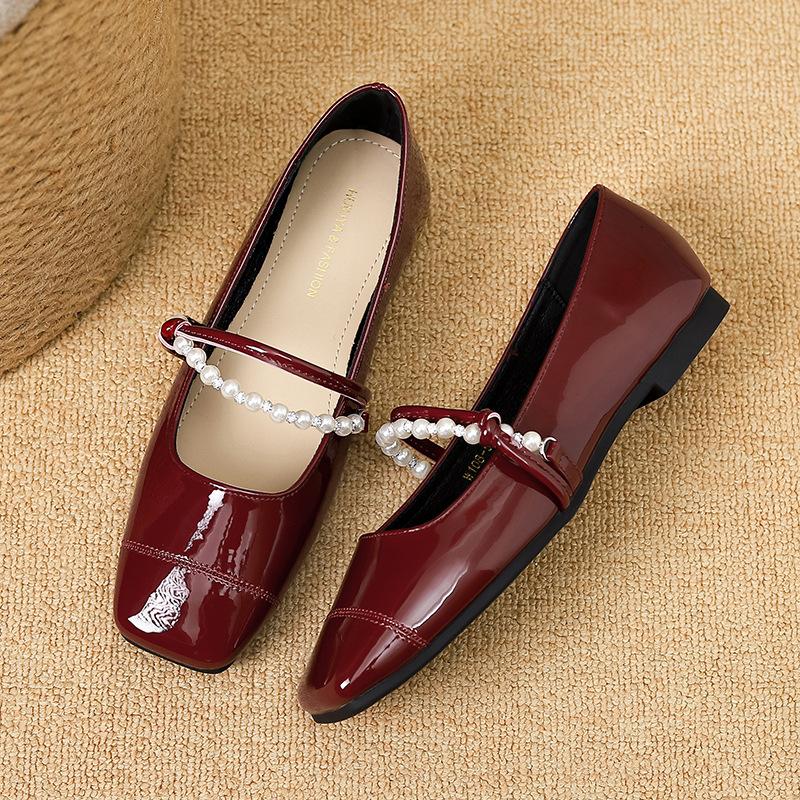 

W108-52 туфли-лодочки женские 2025 новые квадратный носок мелкий вырез маленький ароматный ветер плоская подошва Мэри Джейн женские туфли 40 красный