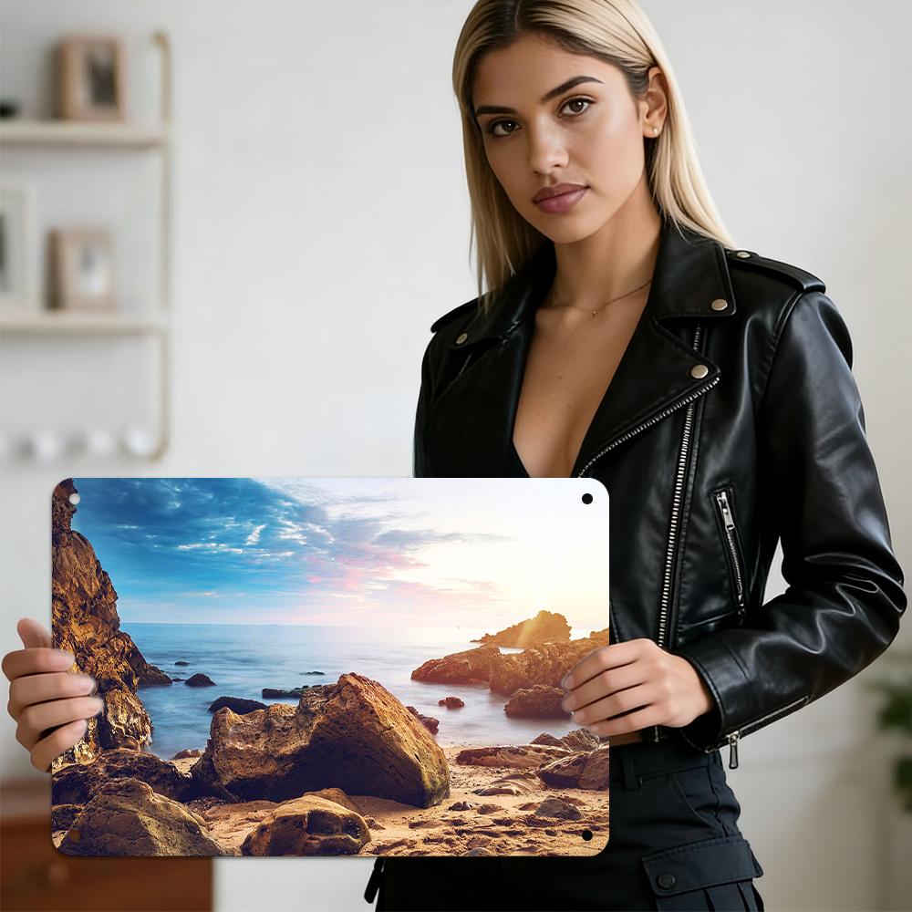 

HD Metal Tin Sign Rocky Coastal Beach at Sunset with Golden Boulders Calm Ocean and Pastel Sky Serene Seaside Landscape Wall De 20x30cm（7.8x11.8inch）