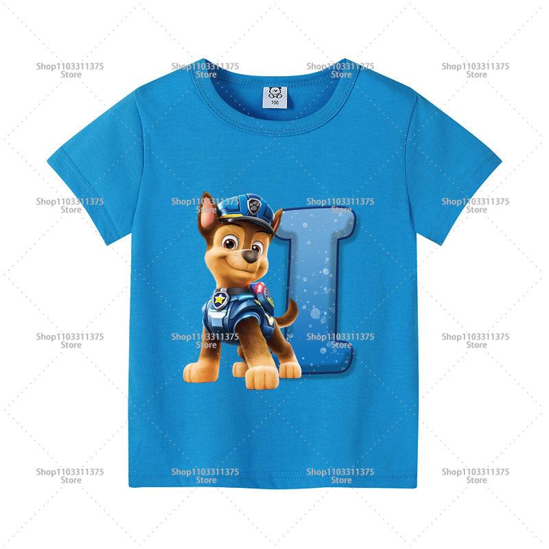 Cute PAW Patrol Blue T-shirt Boys Clothes Letter A-Z Printed Short Sleeve Cartoon Fashion Kids Birthday Toddler Cotton Tops Gift