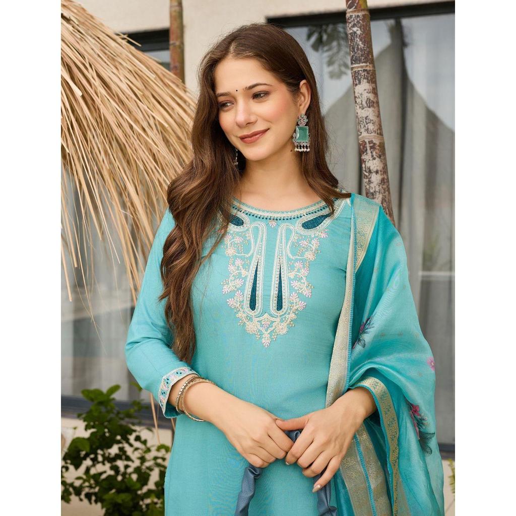 Women's Viscose Embroidered Straight Kurta with Pant And Dupatta Sets